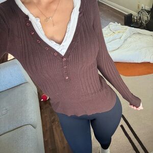 Brown Ribbed y2k layered Henley